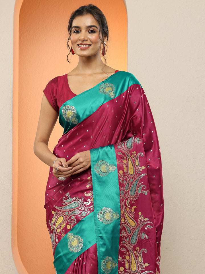 Maroon Woven Design Silk Blend Sarees With Unstitched Blouse Piece
