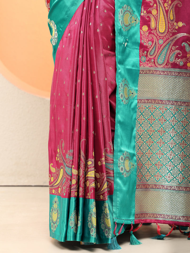 Maroon Woven Design Silk Blend Sarees With Unstitched Blouse Piece