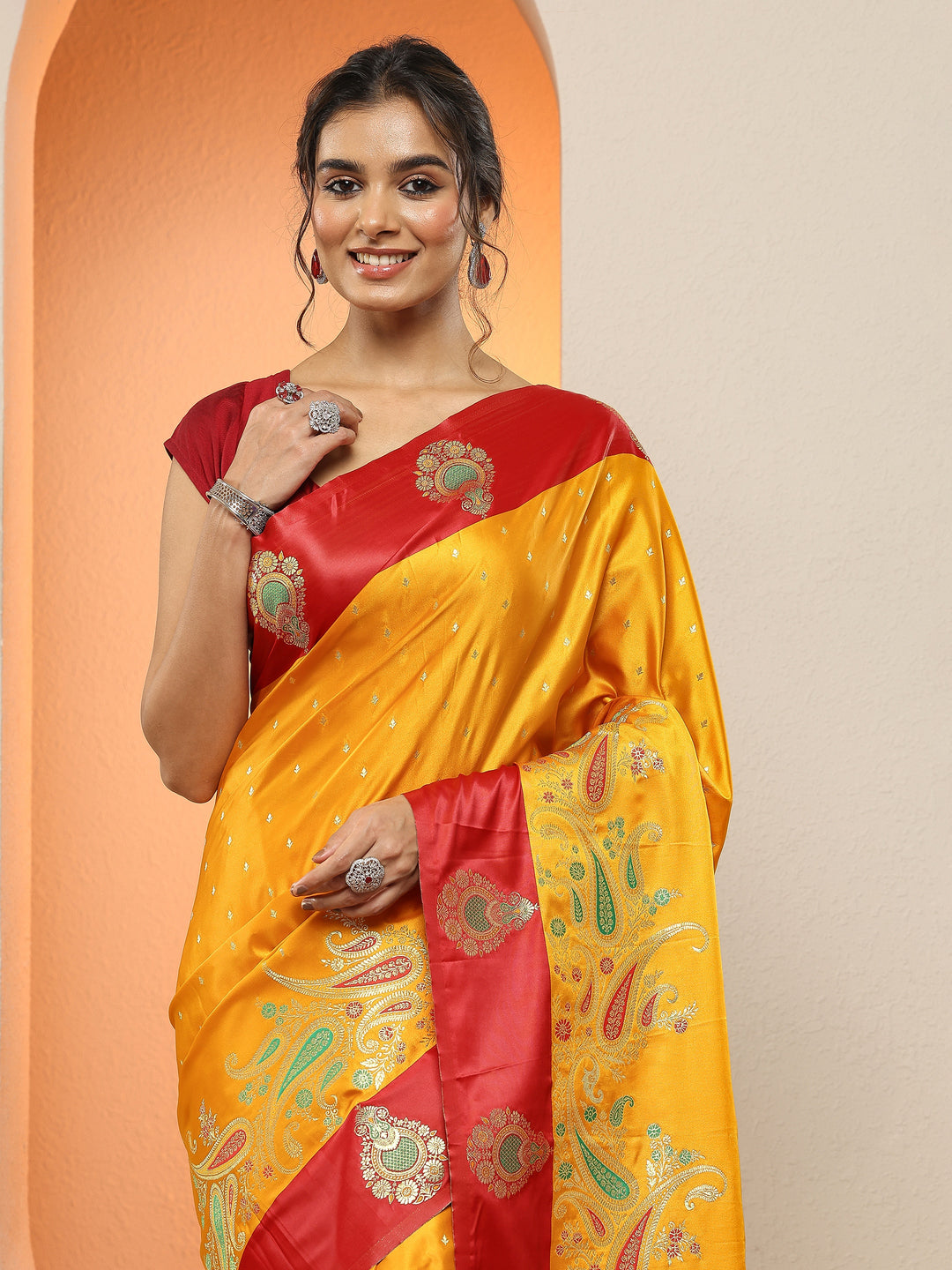 Mustard Woven Design Silk Blend Sarees With Unstitched Blouse Piece