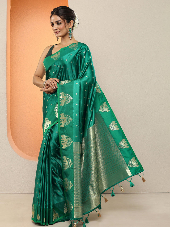 Green Woven Design Silk Blend Sarees With Unstitched Blouse Piece