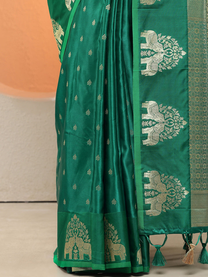 Green Woven Design Silk Blend Sarees With Unstitched Blouse Piece