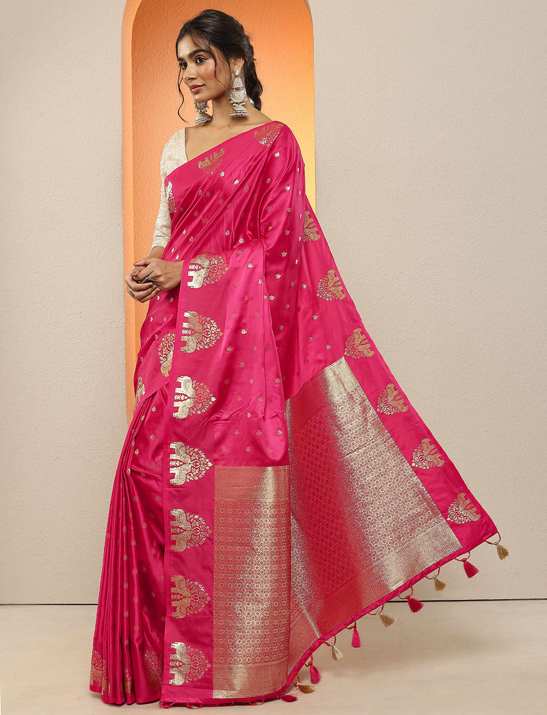 Pink Woven Design Silk Blend Sarees With Unstitched Blouse Piece