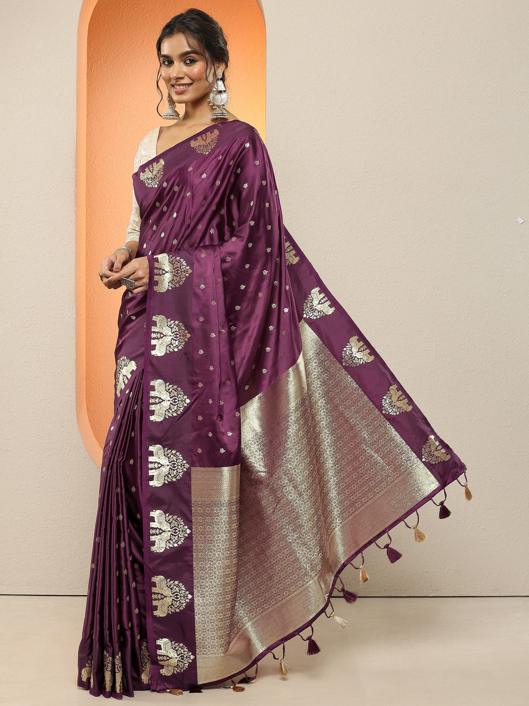 Burgundy Woven Design Silk Blend Sarees With Unstitched Blouse Piece