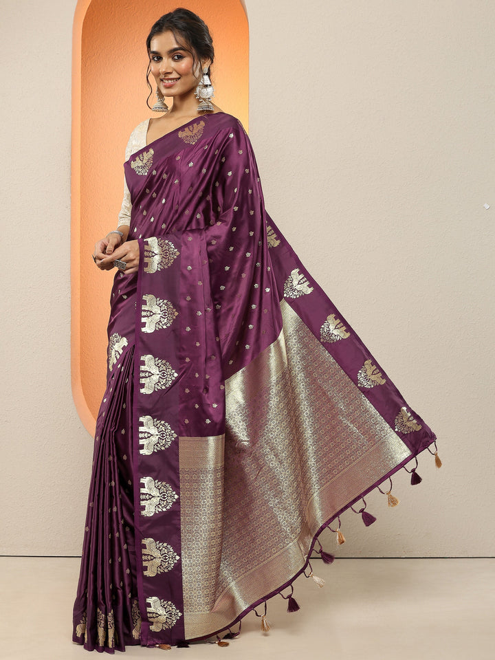 Burgundy Woven Design Silk Blend Sarees With Unstitched Blouse Piece