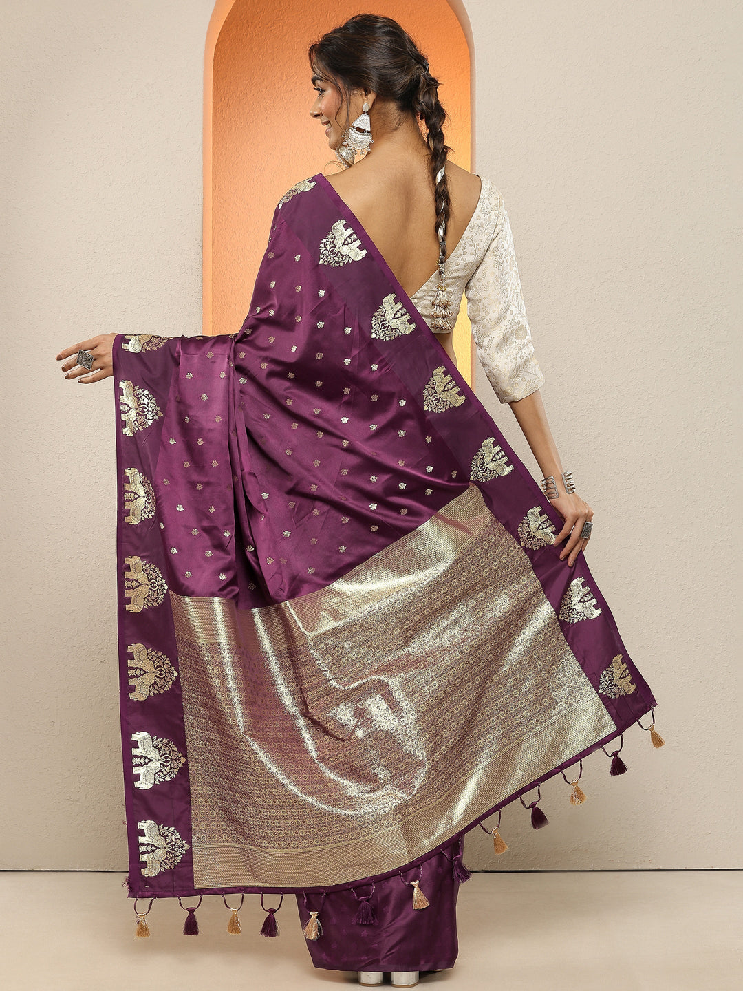 Burgundy Woven Design Silk Blend Sarees With Unstitched Blouse Piece