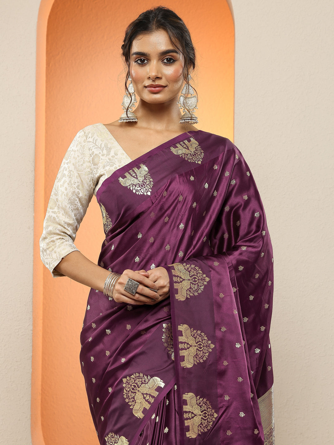 Burgundy Woven Design Silk Blend Sarees With Unstitched Blouse Piece