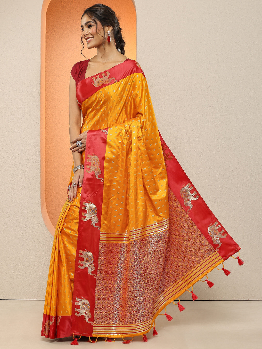 Mustard  Woven Design Silk Blend Sarees With Unstitched Blouse Piece