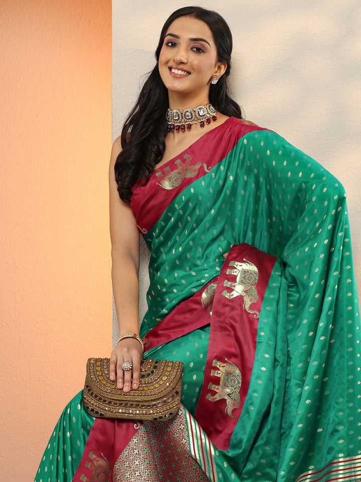 Green Woven Design Silk Blend Sarees With Unstitched Blouse Piece