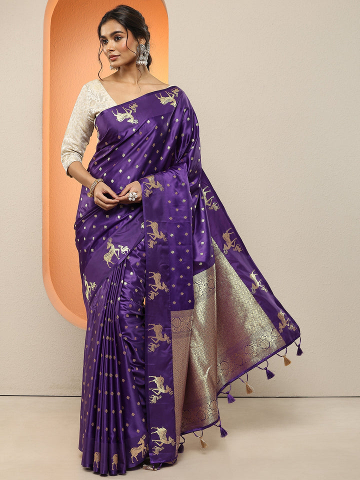 Purple Woven Design Silk Blend Sarees With Unstitched Blouse Piece