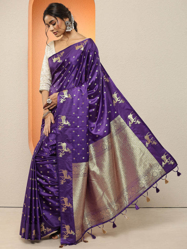 Purple Woven Design Silk Blend Sarees With Unstitched Blouse Piece