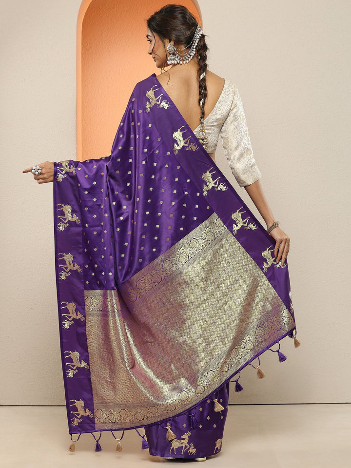 Purple Woven Design Silk Blend Sarees With Unstitched Blouse Piece