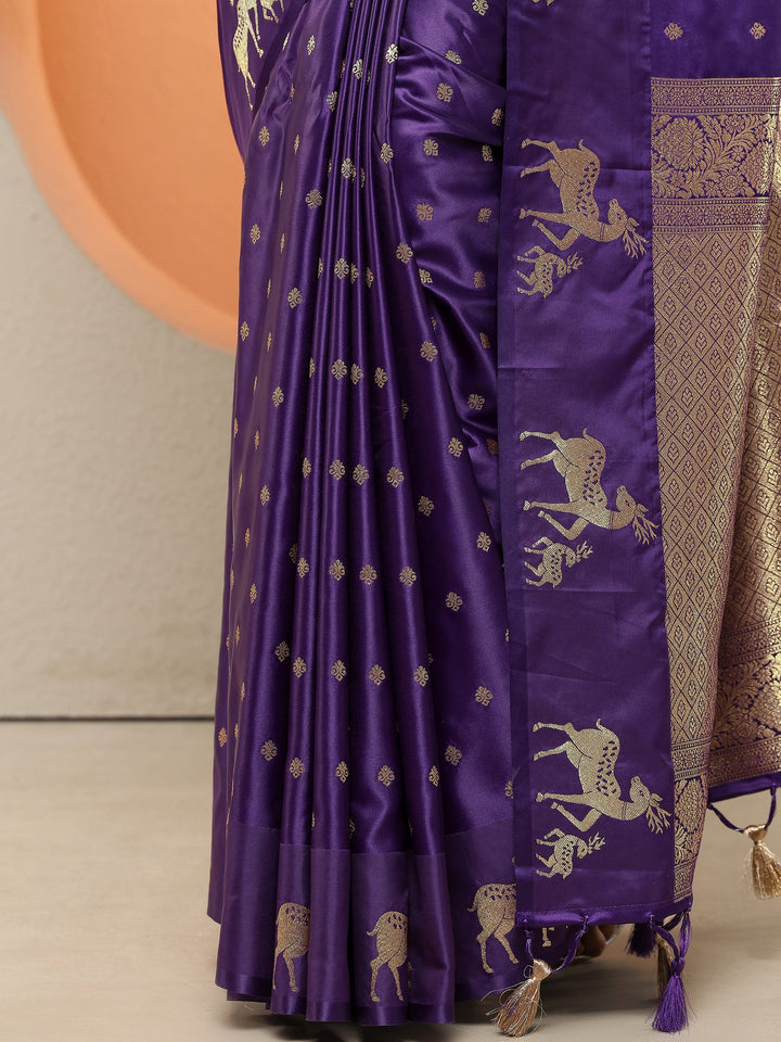 Purple Woven Design Silk Blend Sarees With Unstitched Blouse Piece