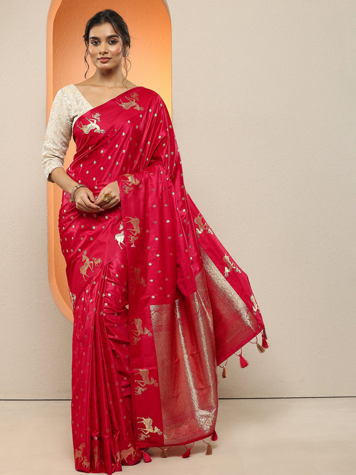 Red Woven Design Silk Blend Sarees With Unstitched Blouse Piece