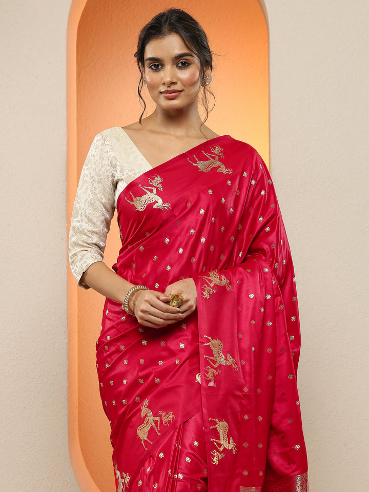 Red Woven Design Silk Blend Sarees With Unstitched Blouse Piece