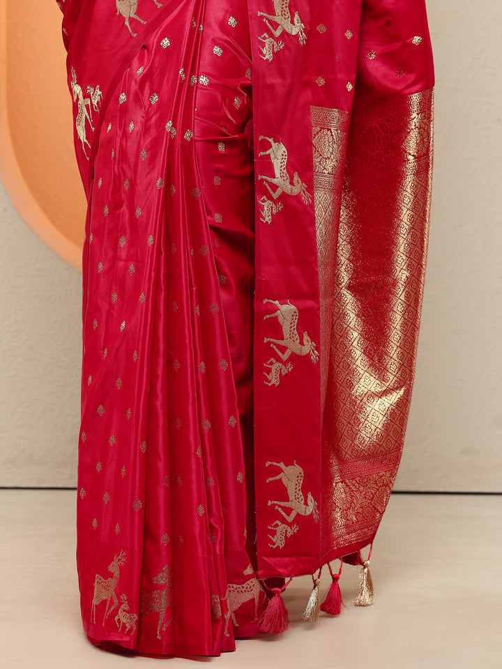 Red Woven Design Silk Blend Sarees With Unstitched Blouse Piece