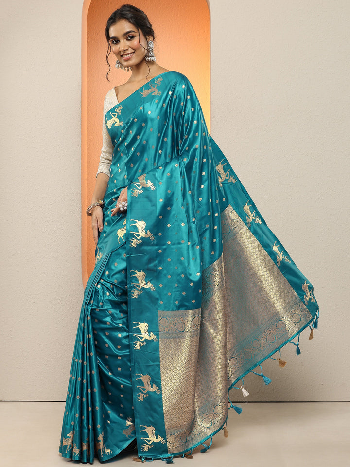 Blue Woven Design Silk Blend Sarees With Unstitched Blouse Piece