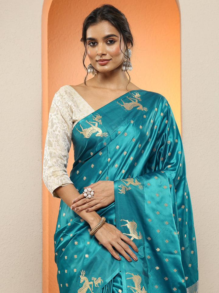 Blue Woven Design Silk Blend Sarees With Unstitched Blouse Piece