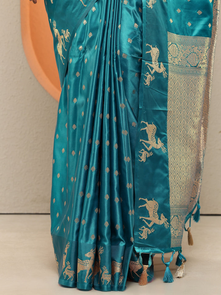 Blue Woven Design Silk Blend Sarees With Unstitched Blouse Piece