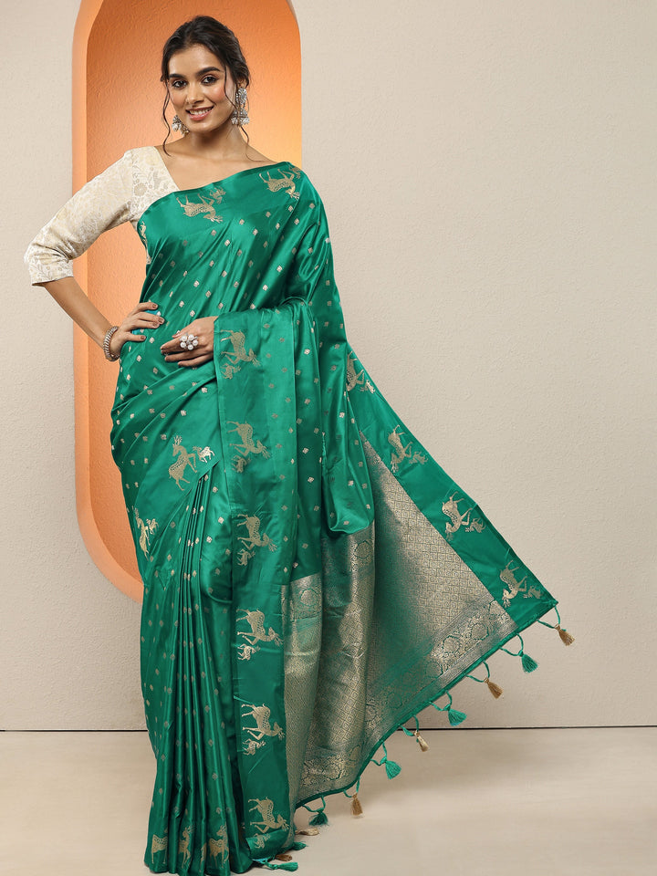 Green Woven Design Silk Blend Sarees With Unstitched Blouse Piece