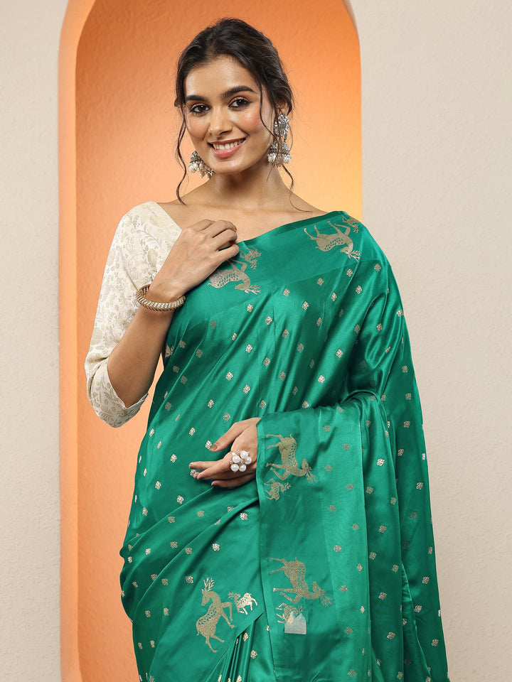 Green Woven Design Silk Blend Sarees With Unstitched Blouse Piece