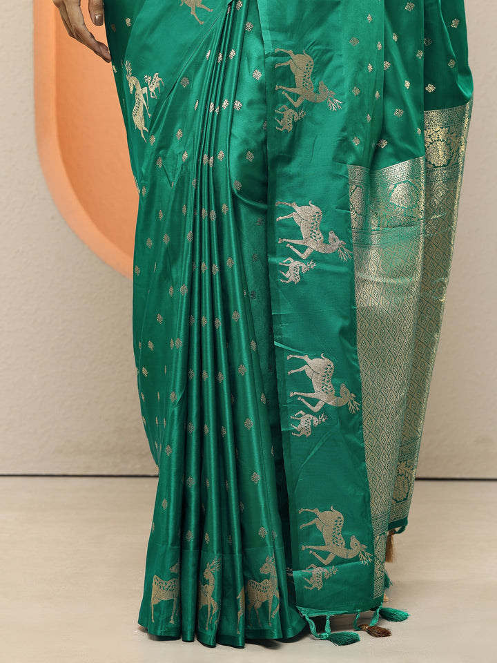Green Woven Design Silk Blend Sarees With Unstitched Blouse Piece