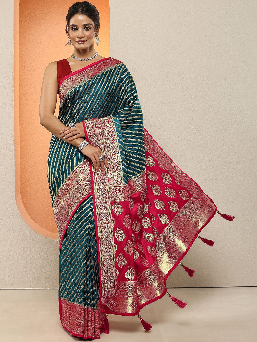 Teal Woven Design Silk Blend Sarees With Unstitched Blouse Piece