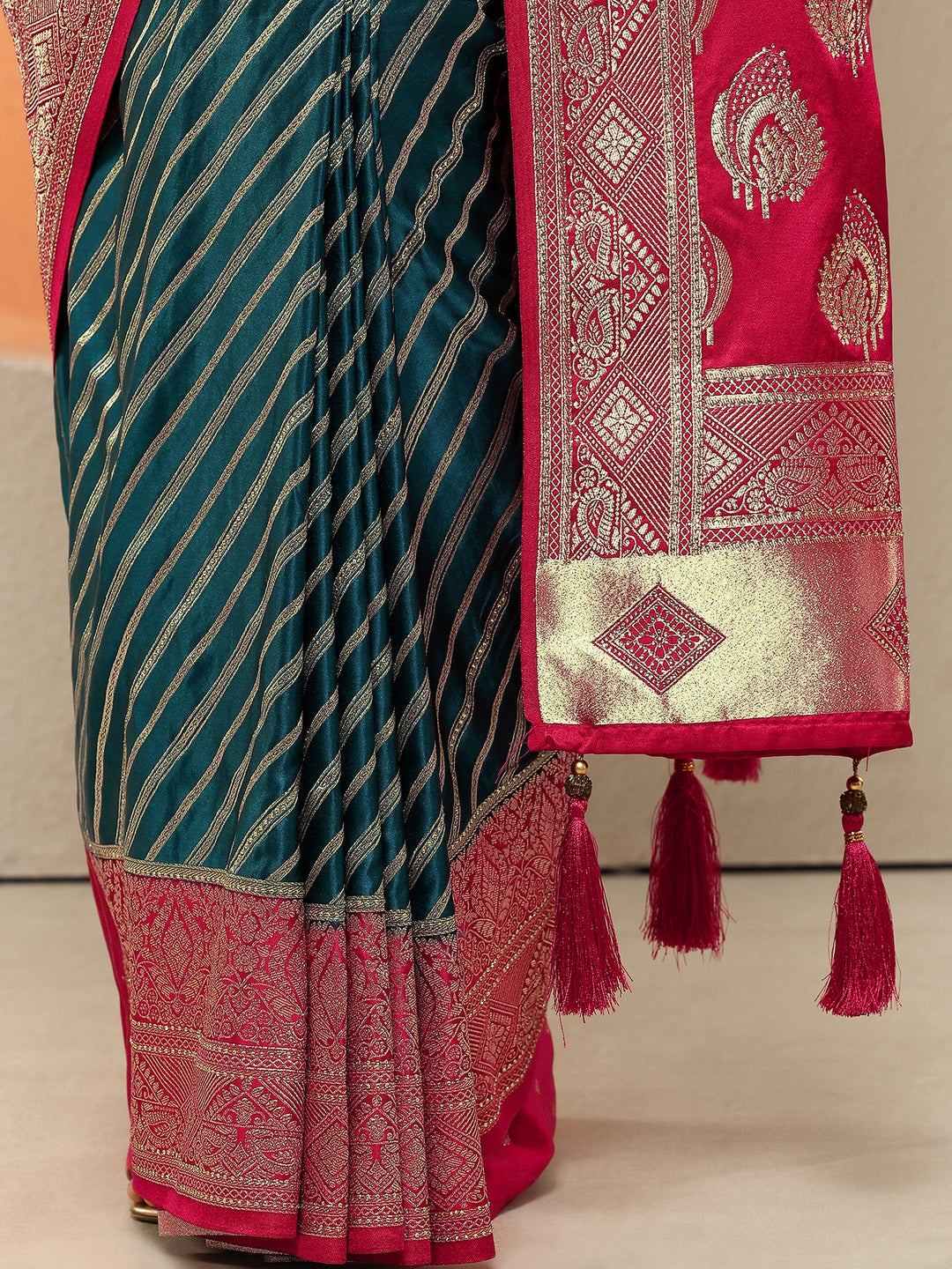 Teal Woven Design Silk Blend Sarees With Unstitched Blouse Piece