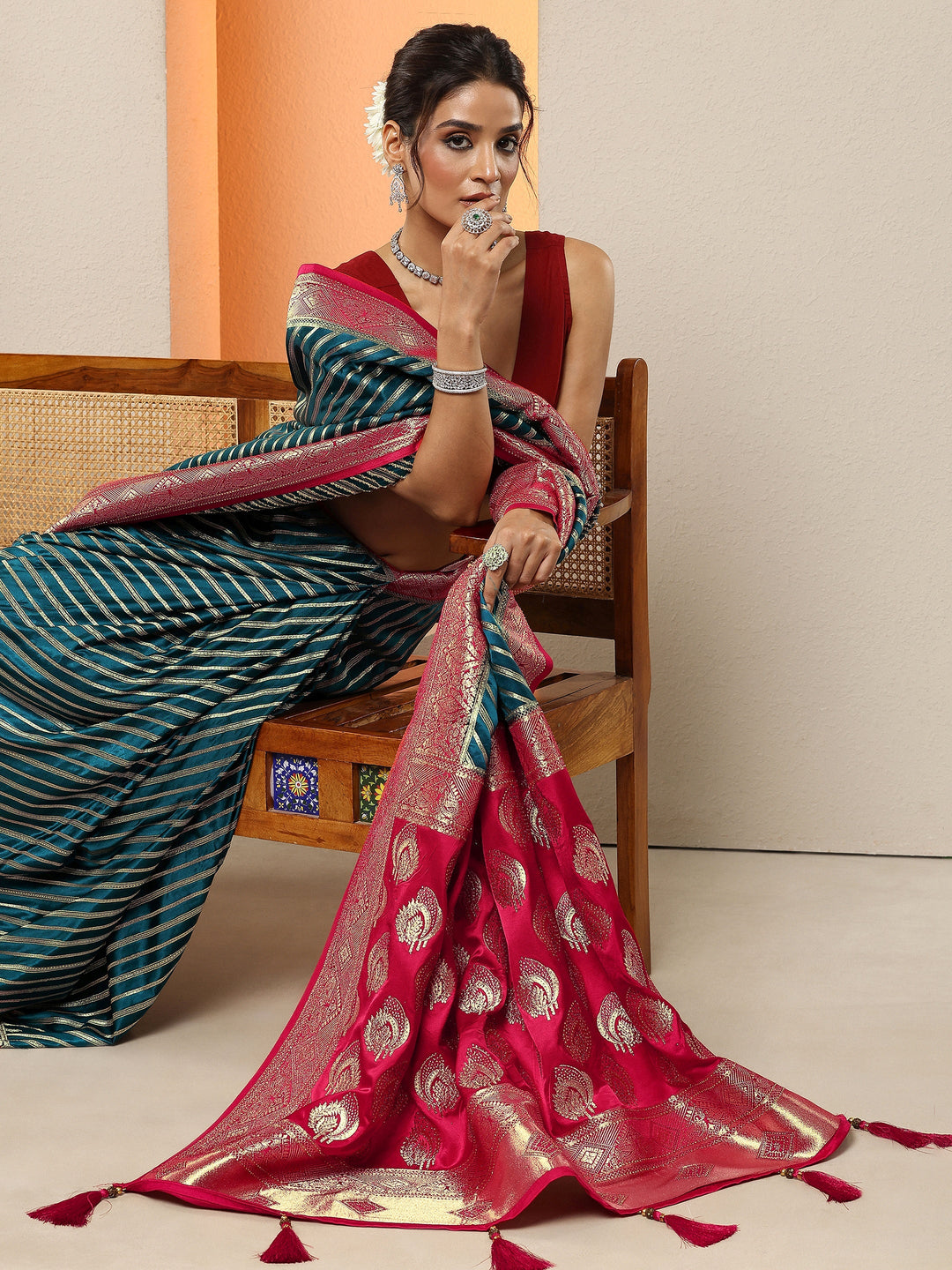 Teal Woven Design Silk Blend Sarees With Unstitched Blouse Piece
