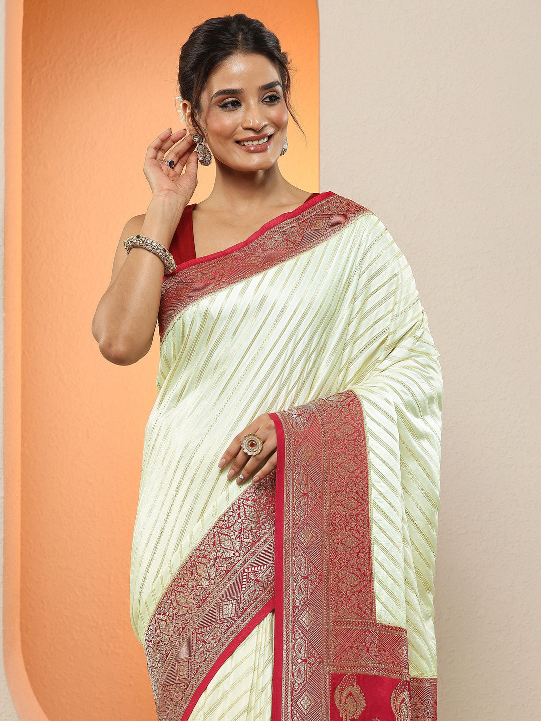 Cream Woven Design Silk Blend Sarees With Unstitched Blouse Piece