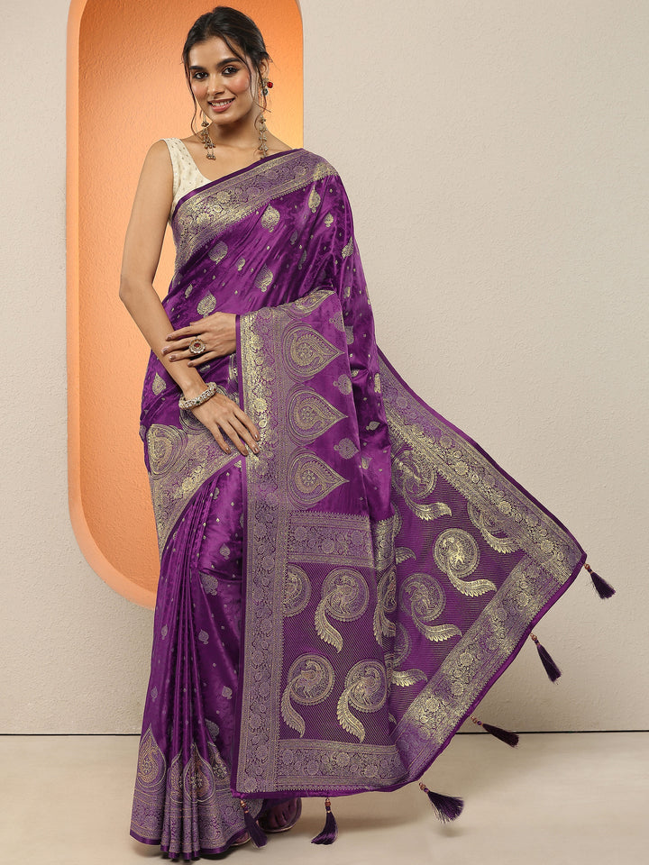 Purple Woven Design Silk Blend Sarees With Unstitched Blouse Piece