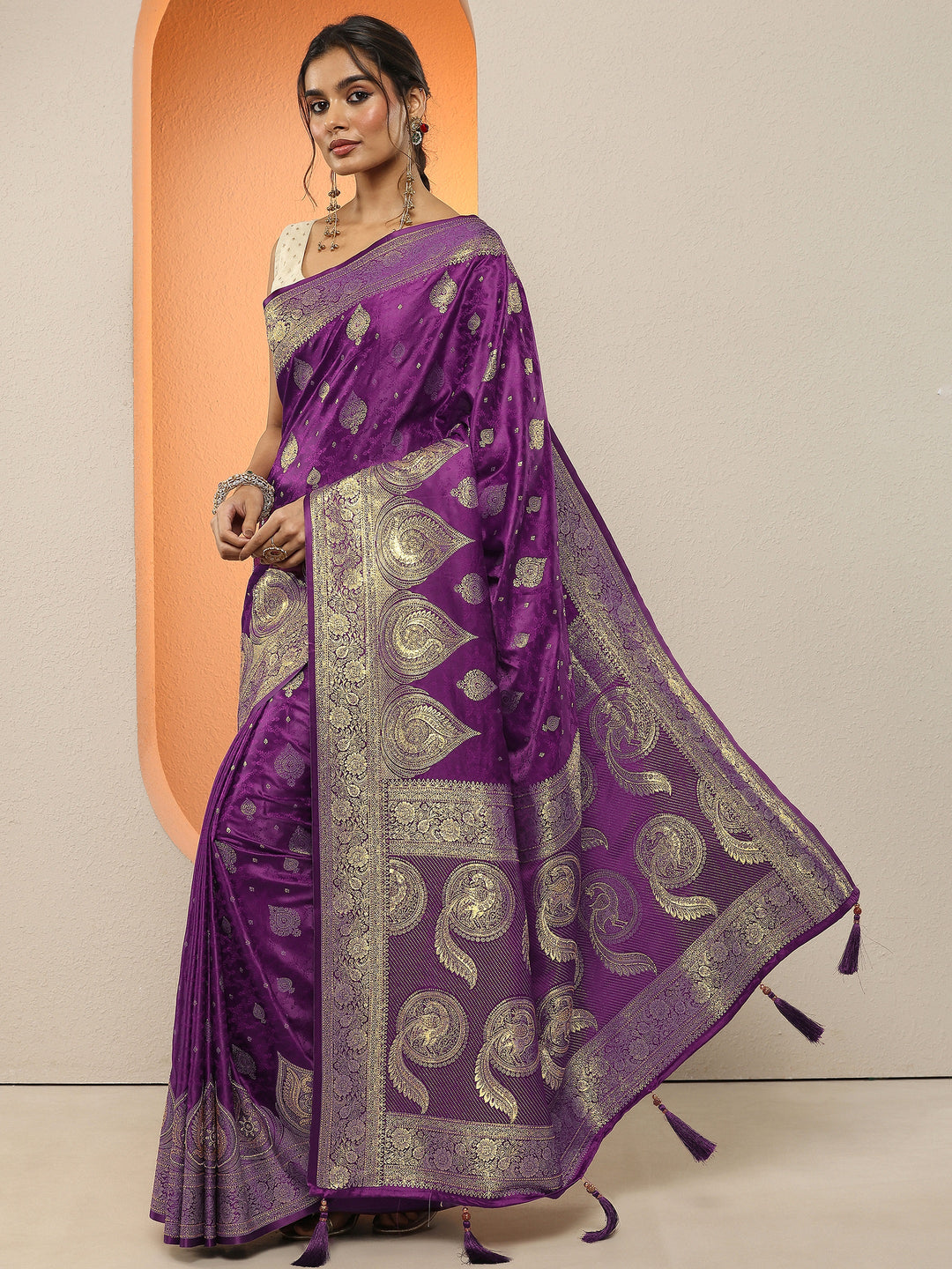 Purple Woven Design Silk Blend Sarees With Unstitched Blouse Piece
