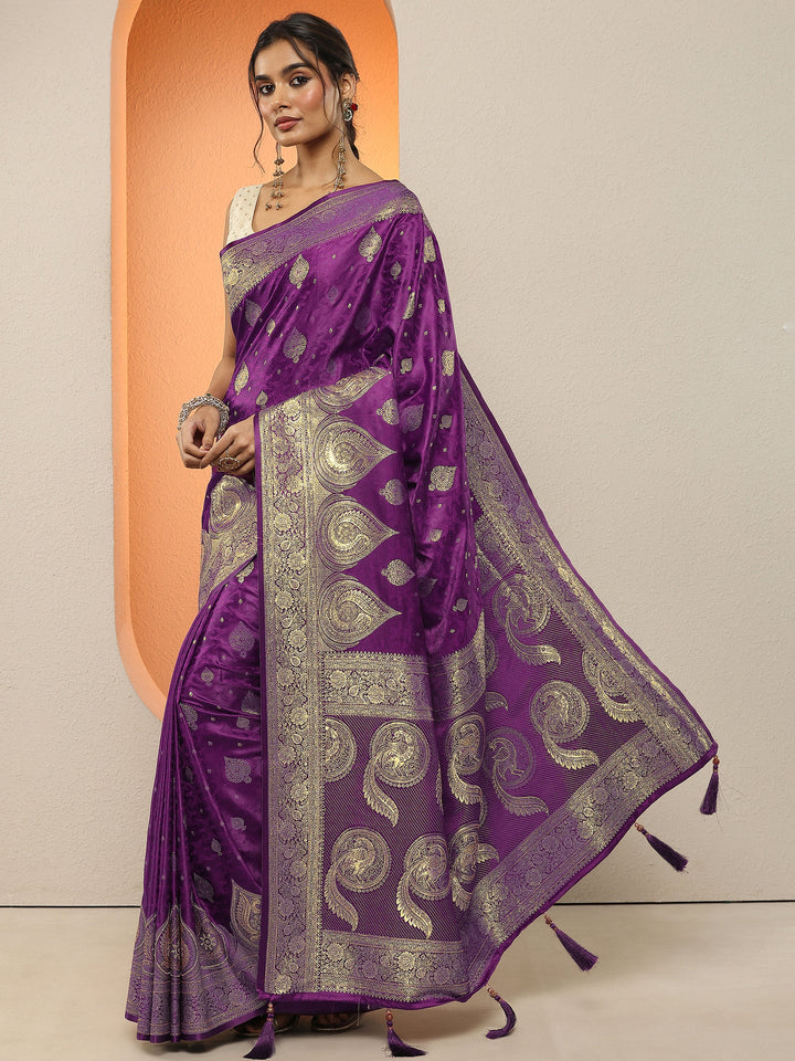 Purple Woven Design Silk Blend Sarees With Unstitched Blouse Piece