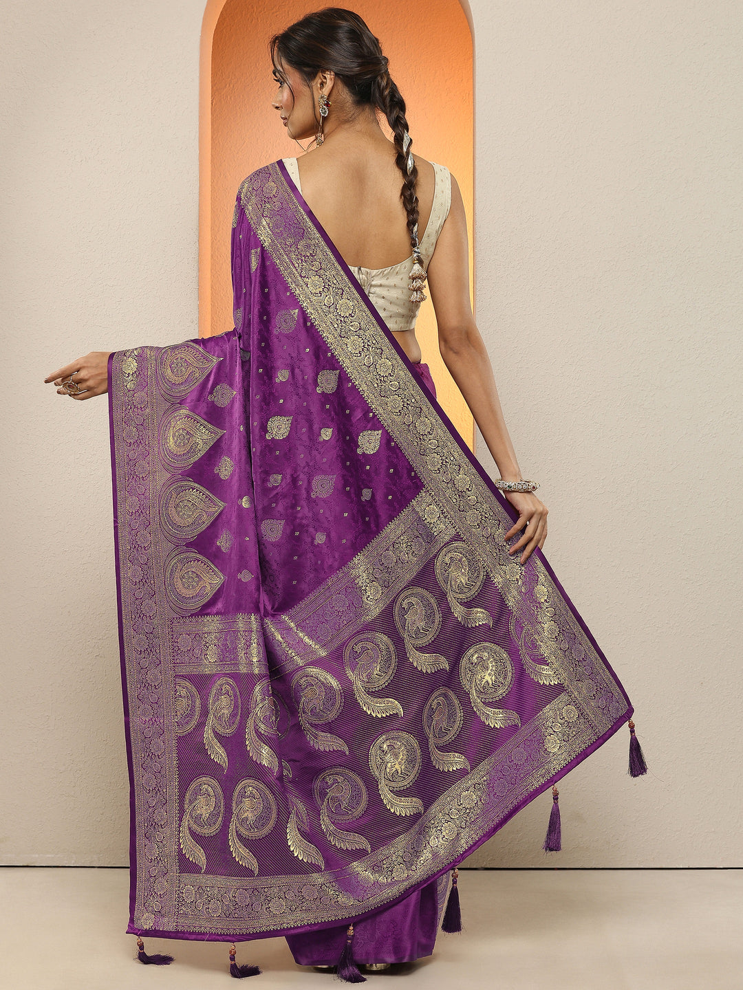 Purple Woven Design Silk Blend Sarees With Unstitched Blouse Piece
