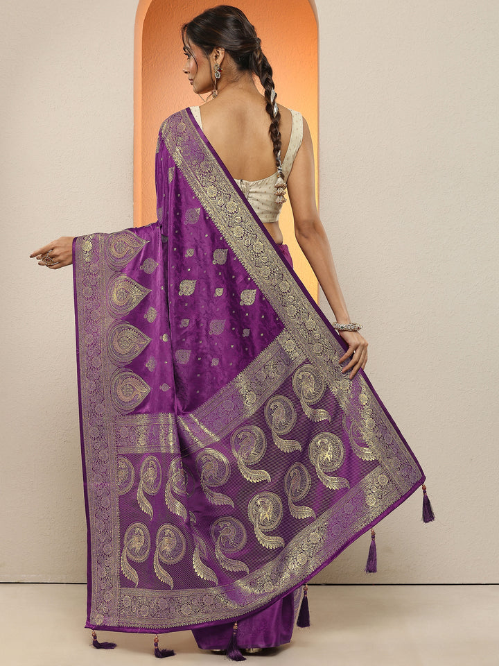 Purple Woven Design Silk Blend Sarees With Unstitched Blouse Piece