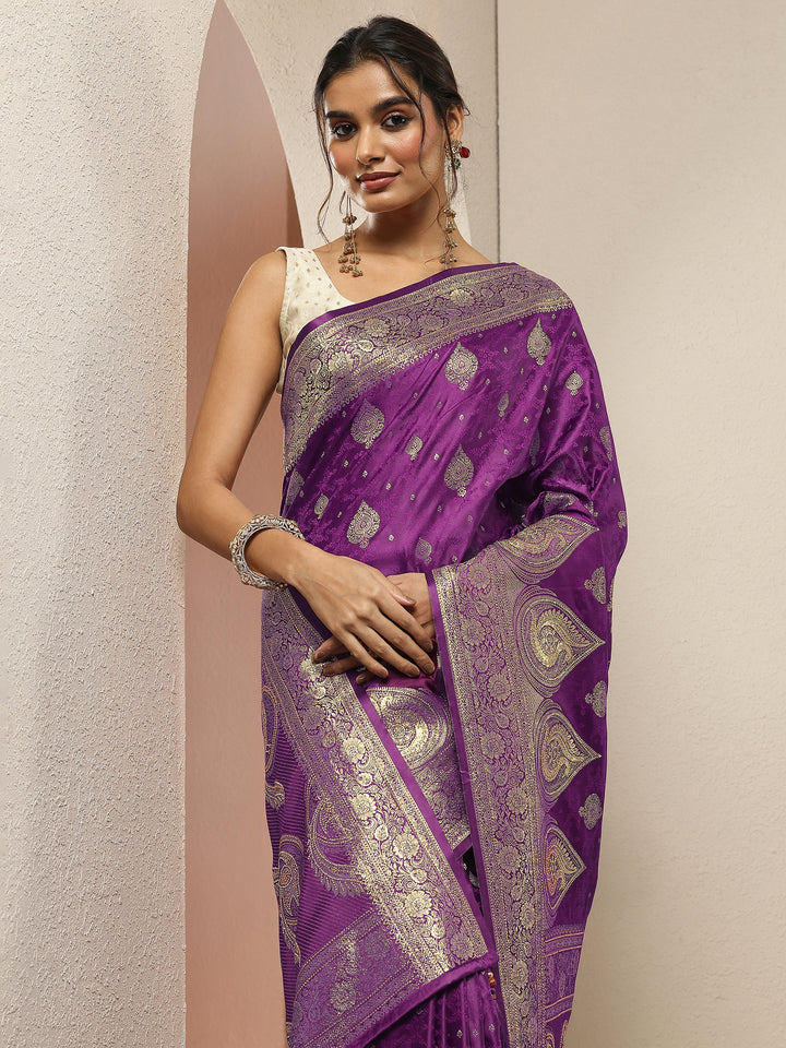 Purple Woven Design Silk Blend Sarees With Unstitched Blouse Piece