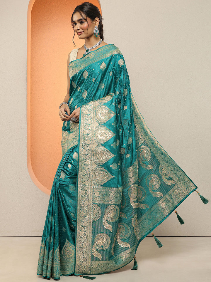 Green Woven Design Silk Blend Sarees With Unstitched Blouse Piece