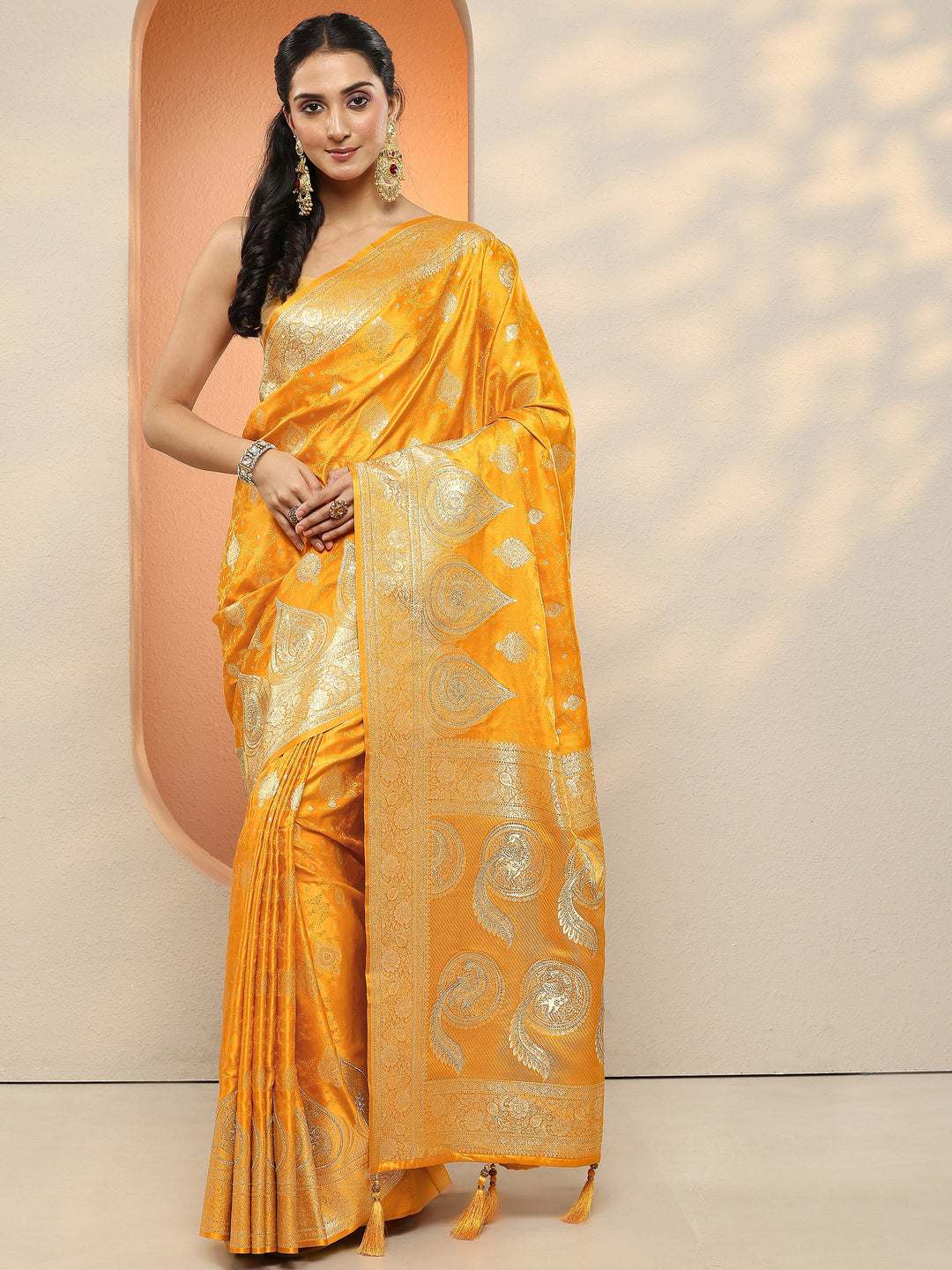 Mustard Woven Design Silk Blend Sarees With Unstitched Blouse Piece