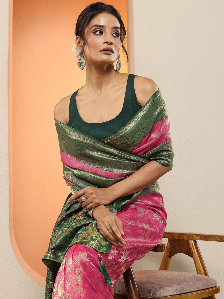 Pink Woven Design Silk Blend Sarees With Unstitched Blouse Piece