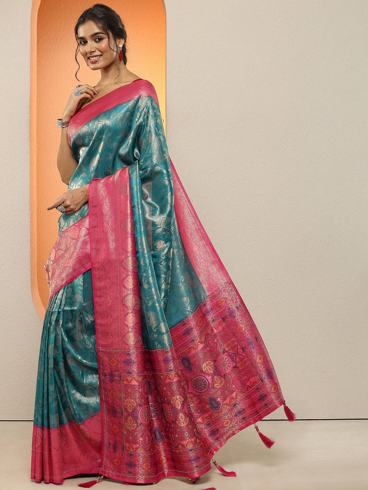 Teal Woven Design Silk Blend Sarees With Unstitched Blouse Piece