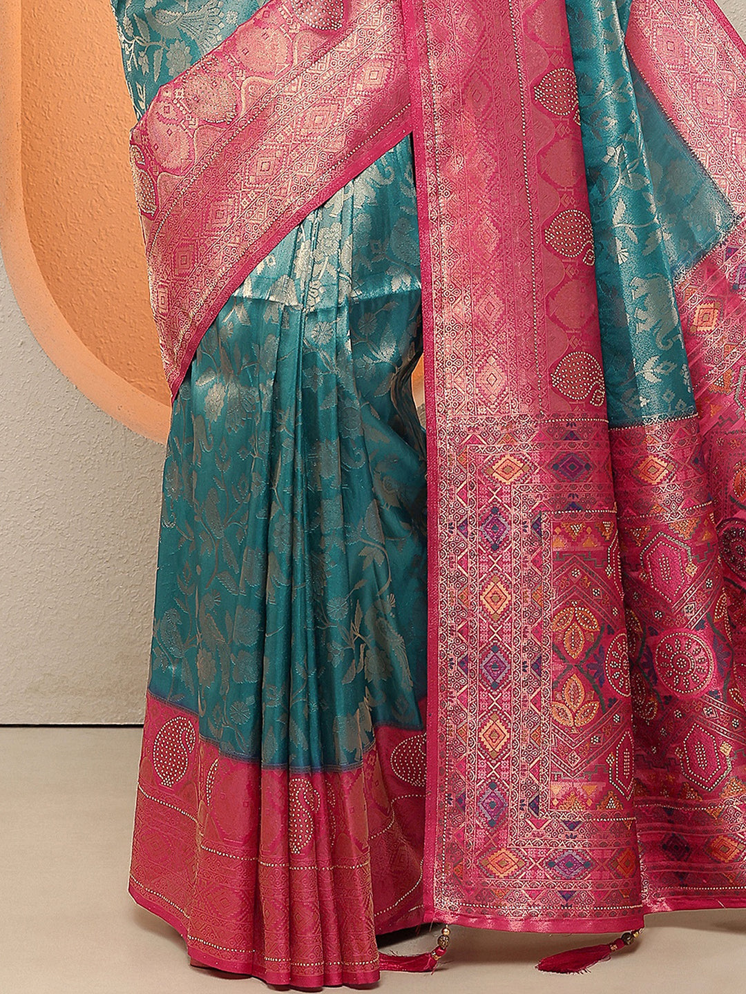 Teal Woven Design Silk Blend Sarees With Unstitched Blouse Piece