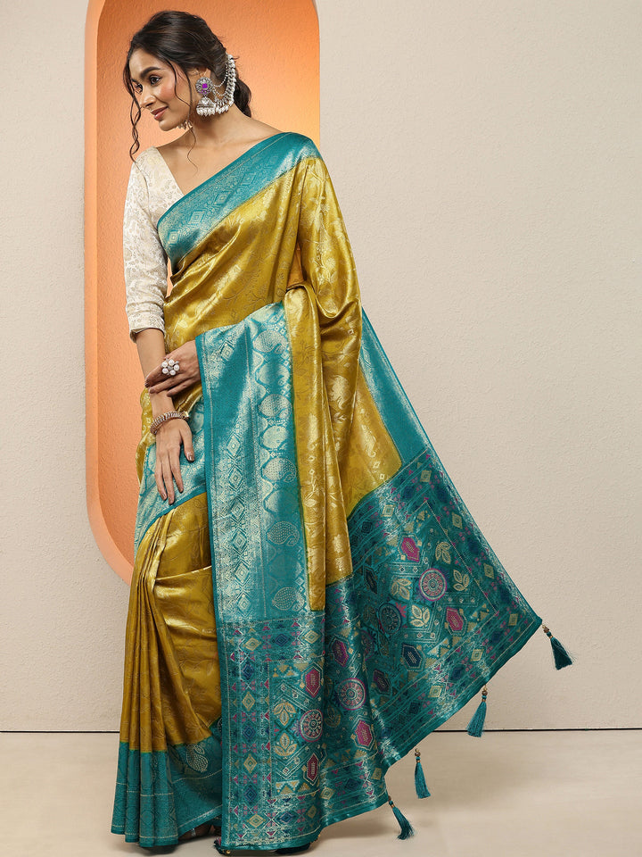 Olive Woven Design Silk Blend Sarees With Unstitched Blouse Piece
