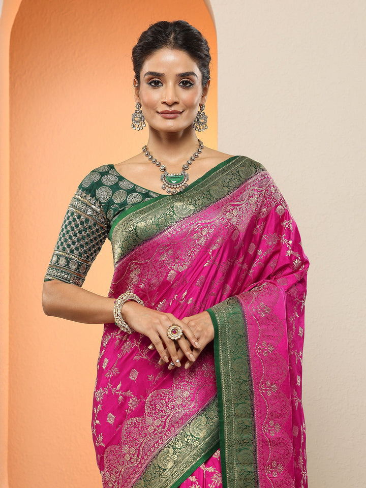 Pink Woven Design Silk Blend Sarees With Unstitched Blouse Piece
