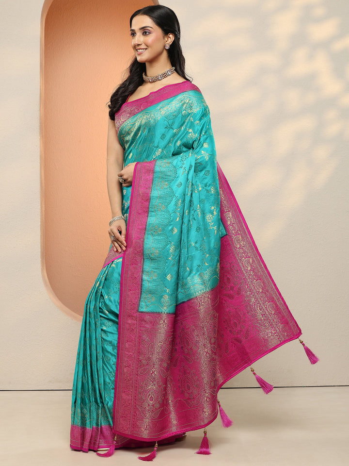 Green Woven Design Silk Blend Sarees With Unstitched Blouse Piece