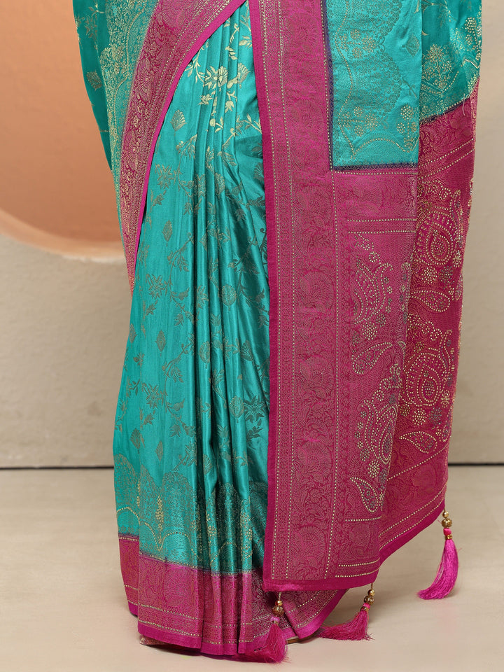 Green Woven Design Silk Blend Sarees With Unstitched Blouse Piece