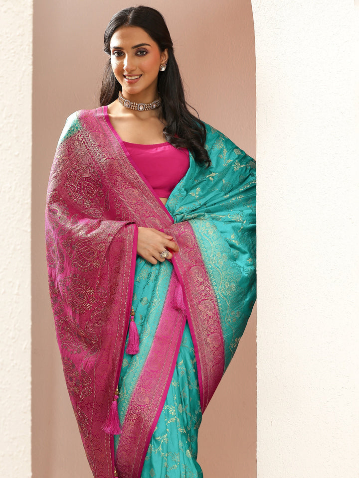 Green Woven Design Silk Blend Sarees With Unstitched Blouse Piece