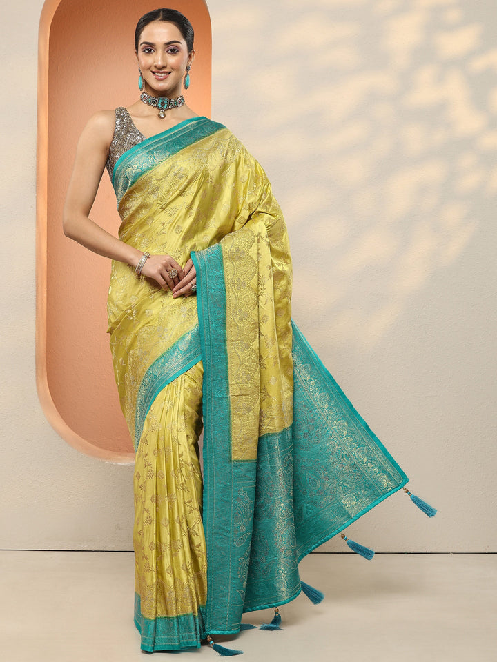 Green Woven Design Silk Blend Sarees With Unstitched Blouse Piece