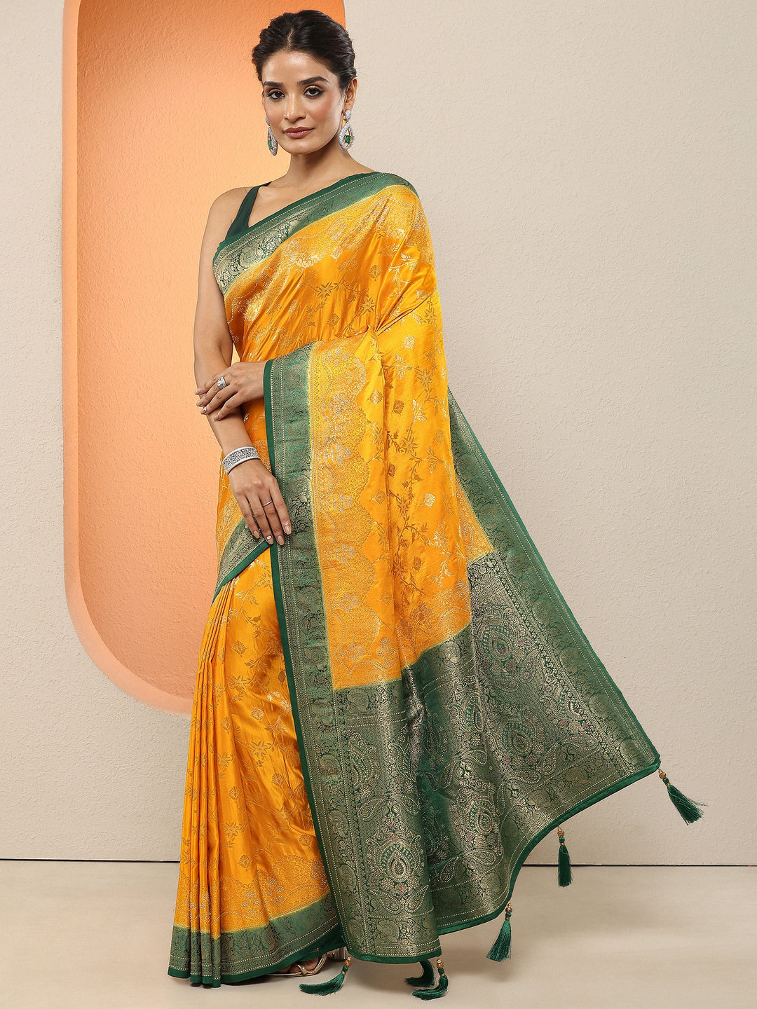 Mustard Woven Design Silk Blend Sarees With Unstitched Blouse Piece