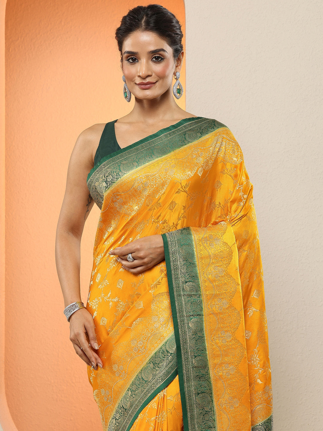 Mustard Woven Design Silk Blend Sarees With Unstitched Blouse Piece
