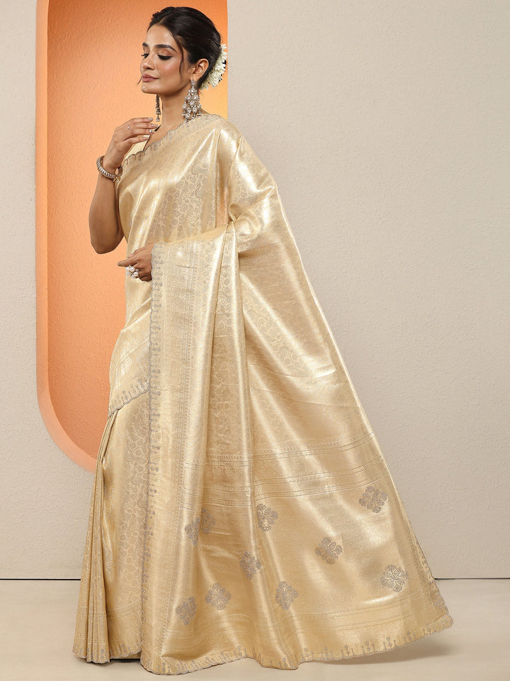 Gold Woven Design Silk Blend Sarees With Unstitched Blouse Piece