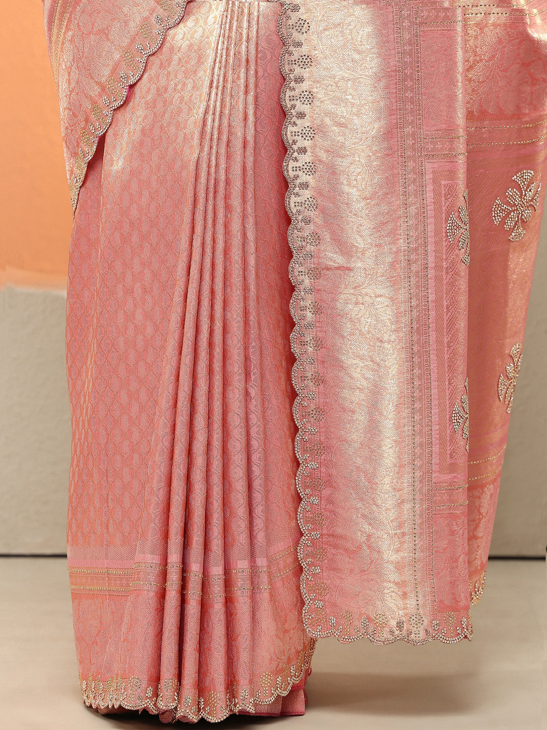 Peach Woven Design Silk Blend Sarees With Unstitched Blouse Piece